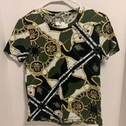 STRADIVARIUS GREEN BLACK YELLOW WHITE PRINT TOP SHORT SLEEVE