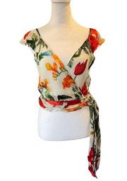 Alice + Olivia Floral V-Neck Silk Blend Wrap Blouse