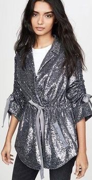 Cinq à Sept Mathieu Ruched Sequin Jacket Silver Tie Cocktail Size Small S