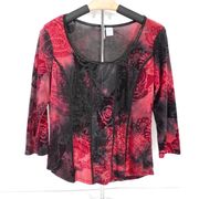 Women's | Sami & Jo | Red & Black Velvet Paisley Long Sleeve Scoop Top Blouse