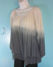 RAGA Womens Size M Cotton Blend Peasant Blouse Gray Ombre Lace Trim