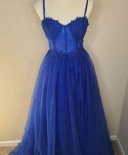 Hebeos Blue Sparkly Corset Layered Tulle A-line Princess Prom Evening Dress