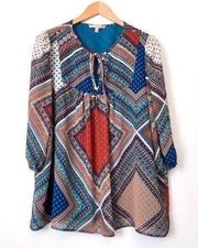 NEW NWT GIBSON LATIMER Blue Red Scarf Print Boho Peasant 3/4 Sleeve Blouse Small