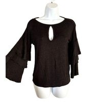 William Rast XS Womens Blouse Black Flared Sleeves Keyhole Stretch Lightweight