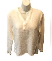 Garnet Hill Textured Gauze Top Blouse Sz. 8 White V~Neck Long Sleeve Boho Style