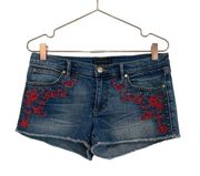 Juicy Couture denim red floral embroidered shorts.