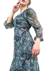 Valerie Stevens Silk Paisley Print Beaded Bell Sleeve Fairy Midi Dress Size 10