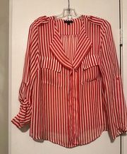 Timing red white stripe sheer blouse size L