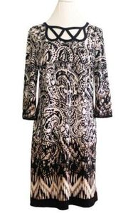 Sandra Darren Dress Black White Brown Print Cut Out Neckline 3/4 Sleeve Size 10