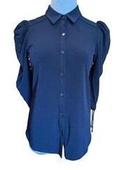 HALE BOB WOMEN NAVY BLUE COLLARED BUTTON DOWN BLOUSE PUFF CINCHED SLEEVES XS