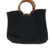 Crochet Knit Black Purse Wooden Handles Tote Bag