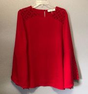 Jones Studio blouse  Women's 2X red long flowy sleeve lace detailing top EUC