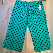 Halogen NWT Wide Leg Tie/Elastic Waist Green with Navy Polka Dot Pants Size XXL