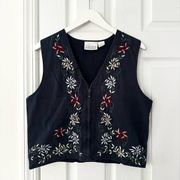 For Her Van Heusen Navy Blue Floral Embroidered Zip Cotton Cottage Vest Medium