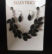 Black Leaf shaped Necklace set w earrings Shiny