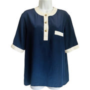 Vintage 90s Navy Blue Ivory Short Sleeve Silk-Like Blouse size 8