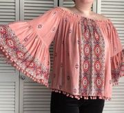 RAGA Anthropologie Pink Boho Flowy Blouse Top with Poms Bell Sleeves Medium