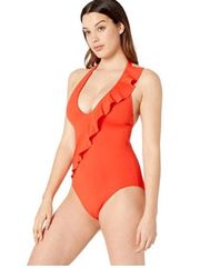 RALPH LAUREN Beach Club Solids Ruffle Halter One-Piece Swimsuit Red 4