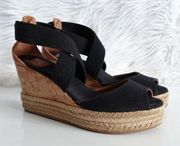 Tory Burch Natanya Black Crisscross Strappy Canvas Cork Espadrille Wedge Sandals