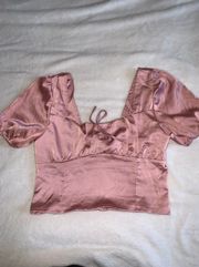 Pink Satin Puff Sleeve Crop Top