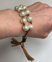 Chico’s Faux Pearl Tassel Bracelet EUC OS Bohemian Statement Women’s Glass Metal