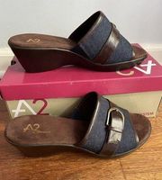 Women’s A2 by Aerosoles Blue Denim/Brown Combo Wedge Sandals Size 7Wide NEW