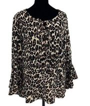 Chico's Womens Animal Print Bell Sleeve Lace-Up Peplum Blouse Black Tan Size 2