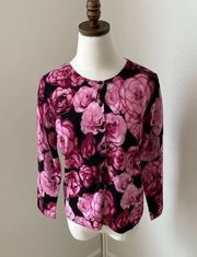 EUC Garnet Hill Floral Merino Wool Button Cardigan, S‎