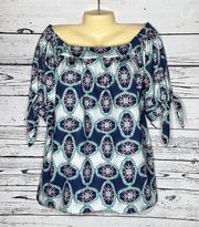 Tracy Negoshian Size M Blue Geometric Print Off the Shoulder Boho Blouse Top