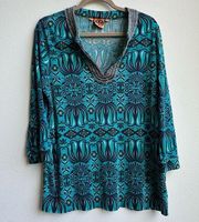 Tory burch 100% Silk Retro Print Beaded Collar Blue 3/4 Sleeve Blouse Size XL