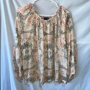 Kaari Blue Long Sleeve Sheer Keyhole Blouse Shirt XL