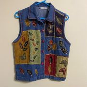 Dress Barn Denim Vest Fall Leaves Large