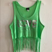 POPULAR SPORTS Womens Tank Top LOVE KEY WEST Green Size Small Fringed Crop Top