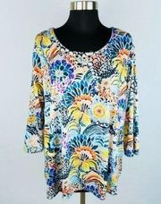 Allison Taylor Womens Plus 2X Colorful Floral Print Rivet Accented Neckline Top