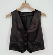 ZARA Satin Waistcoat Vest Cropped Button Front V-Neck Stretch Black Women's XS