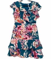 Ny Collection Teal Pink Floral V Neck Dress