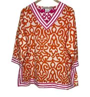 Gretchen Scott 3/4 Sleeve V-Neck Cotton Tunic Pink Orange Large Tropical Vibrant