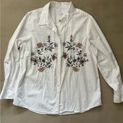 Boho embroidered Womens Button Shirt Embroidered Flowers 100% Cotton