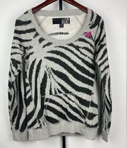 Fox Racing Gray Black Zebra Print Cut Out Back Pullover Sweater