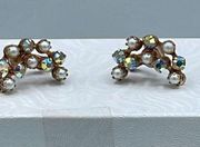 Vintage crescent clip style earrings with AB stones and faux pearls.