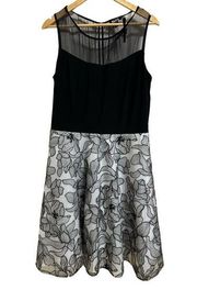 SLNY women's black white floral tulle fit flare mini dress size 12