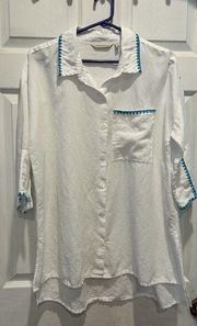 Soft Surroundings Women's Medium Linen Blend Blouse Button Front White Pocket