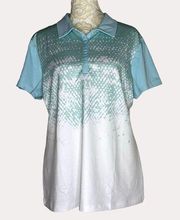 Izod Golf Womens Polo Shirt Slinky Knit Abstract Print Teal L NWT bv