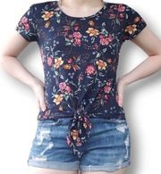 Polly Esther floral navy blue top women shirt size medium