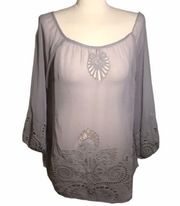 SOLITAIRE Blouse sheer gray floral / cutouts tunic length beautiful