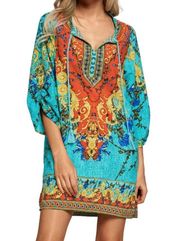 L // Urban Coco Bohemian Neck Tie Vintage Printed Ethnic Style Shift Dress