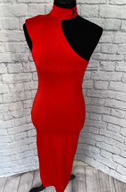 one shoulder stretch jersey maxi dress w/button mock collar and side slit red 4