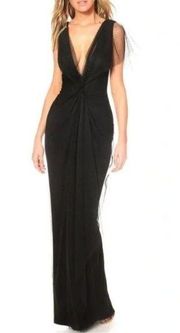 KATIE MAY Olivia Gown Plunge Neck Dress Mesh Twist Ruched in Black Size Small