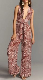 Vacanza Zebra-Print Linen-Blend Halterneck Jumpsuit, L