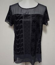 Melissa Paige geo zigzag velvet sheer contrast short sleeve blouse size mp